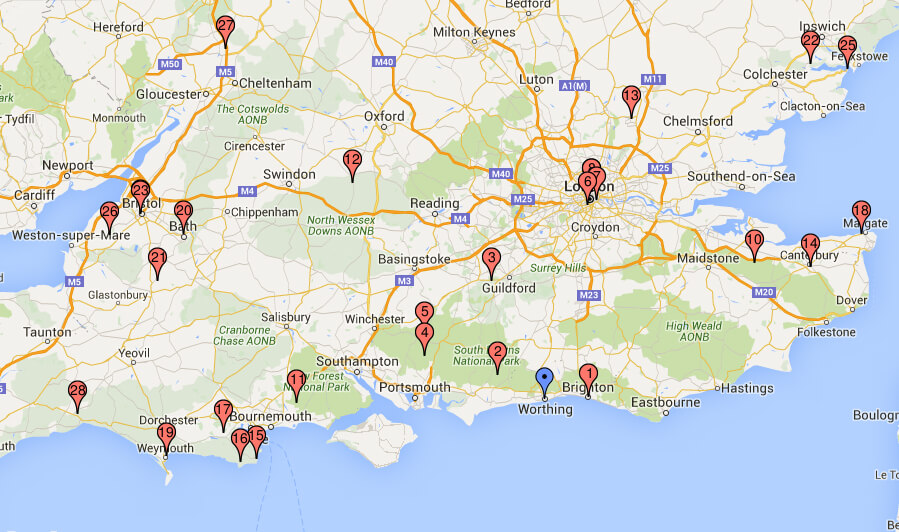 Map Uk South Coast South England / South East England : Bunkhouses, camping barns & hostels