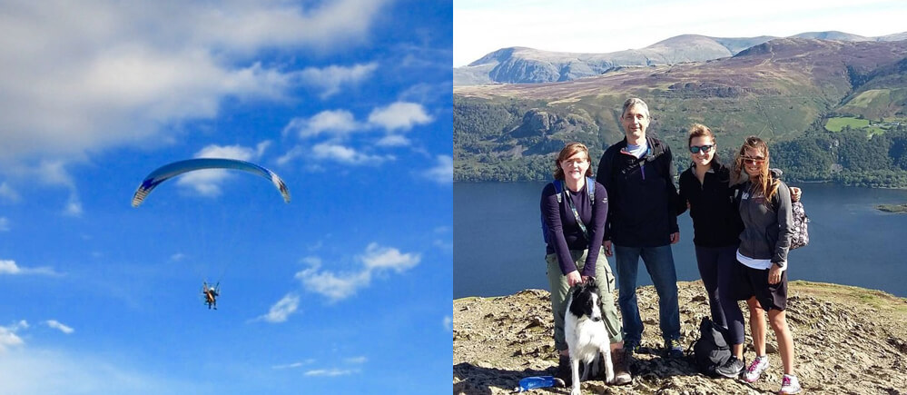 Michael Beadle on his Paramotor and Derwentwater Hostel Staff and Volunteers on Catbells