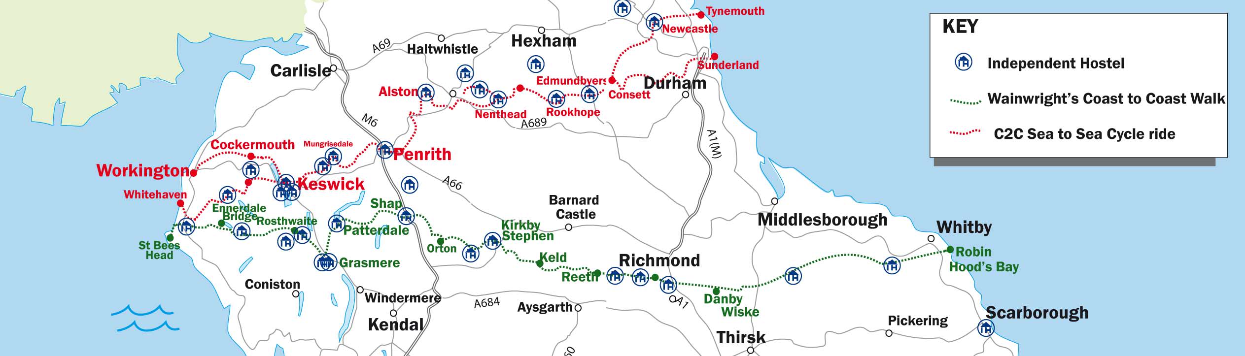 Map showing Coast to Coast cycle and walk routes and location of independent hostel and bunkhouse accommodation 