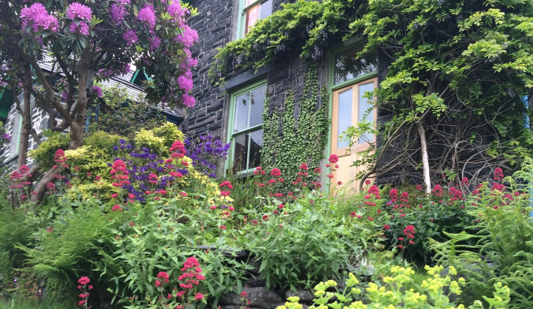 The exterior of corris hostel filled with flowers