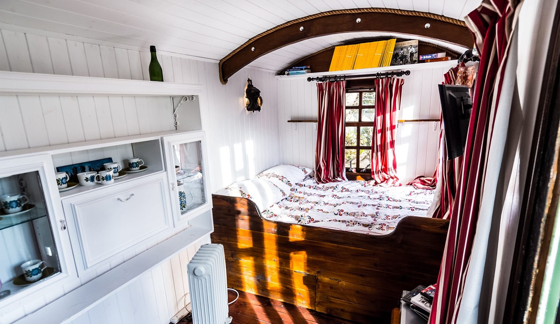 showing the bed inside Heb hostels shepherds hut on the isle of Lewis