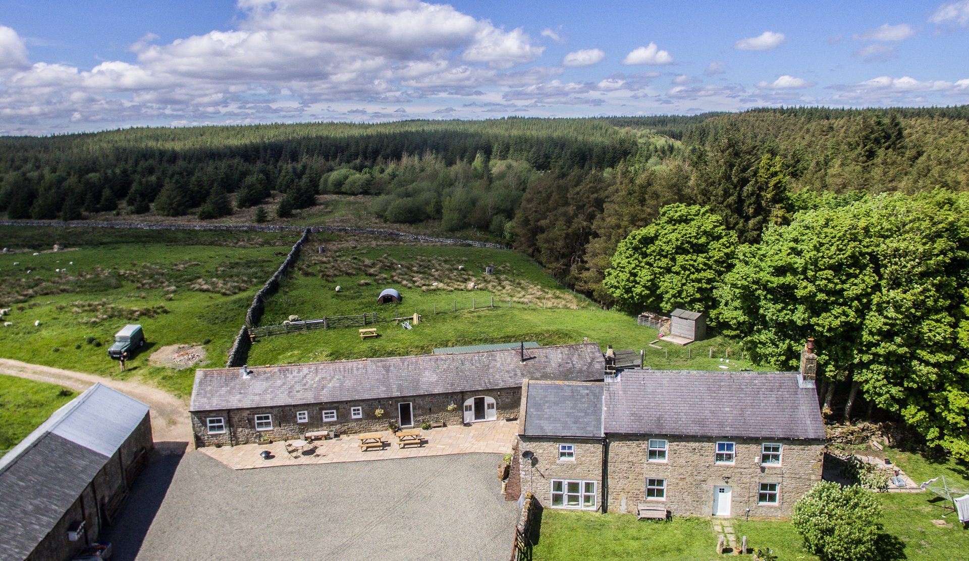 An ariel shot of LoughView Bunkhouse looking gorgeous and welcoming on hadrian's wall
