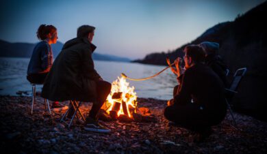 Campfire friends at lochside