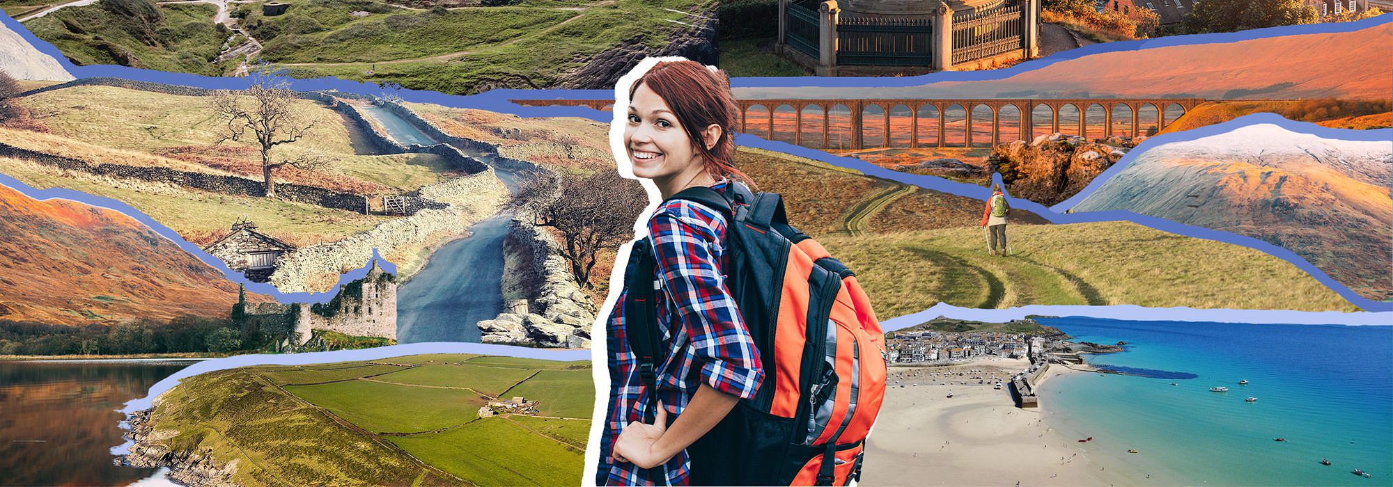 A montages of iconic UK locations with hostels or bunkhouses close by with a friendly smile from a girl with a rucksack inviting you to adventure