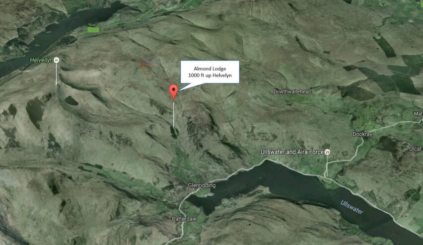 Pinpoint of Almond Lodge Helvellyn on an aerial small scale map of the Lake District