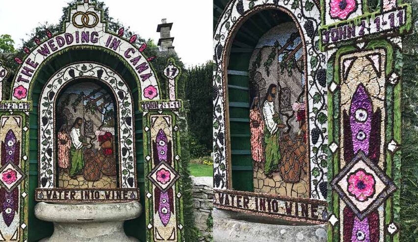 the ppicture is of a beautiful well dressing, the well dressingdepicts "the First Miricle"where Jesus turns water into wine