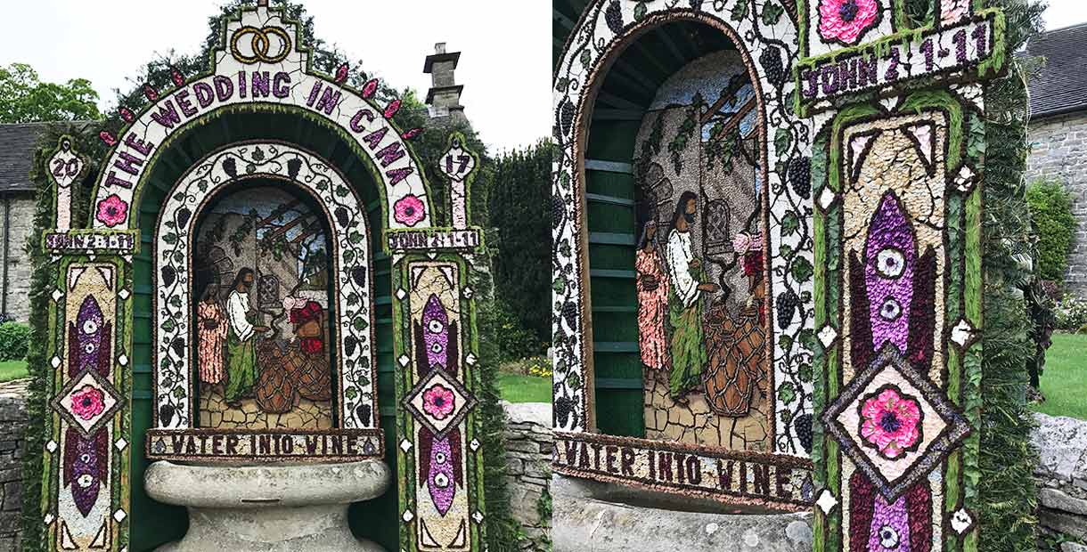the ppicture is of a beautiful well dressing, the well dressingdepicts "the First Miricle"where Jesus turns water into wine