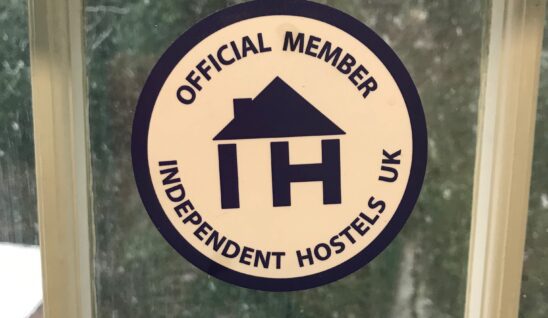 An independent hostels sign in the window of an FSC centre