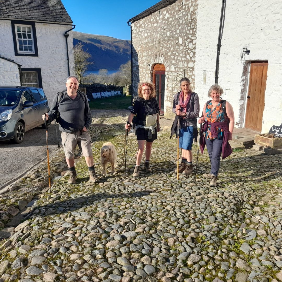 A happy groupd of 4 walkers & a dog