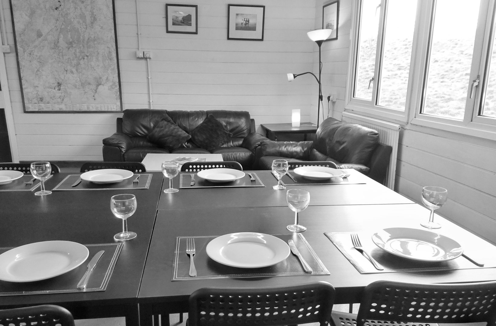 dining room in black and white