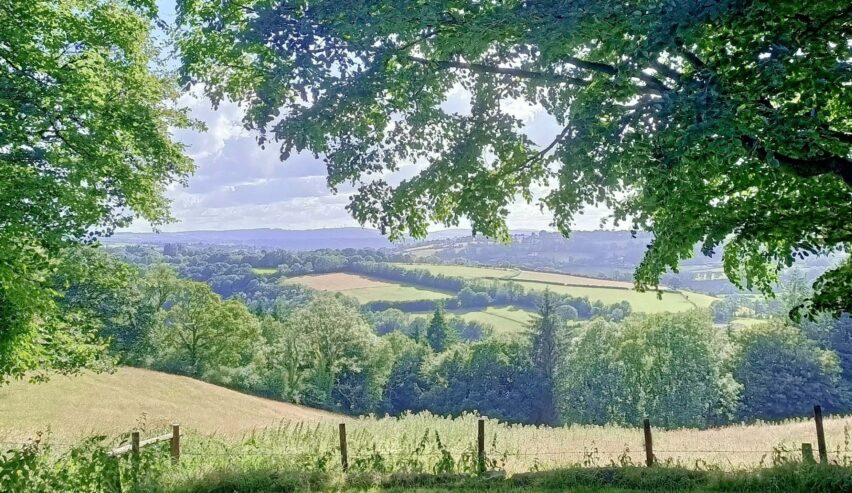 Veiw of fields and hills taken from The Long Barn Bunkhouse on Penrhiw Farm in the Teifi Valley